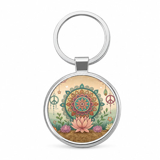 Hippie Yoga Peace Mandala Flower Round Metal Keychain