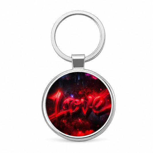 Love Red Graffiti Style Round Metal Keychain