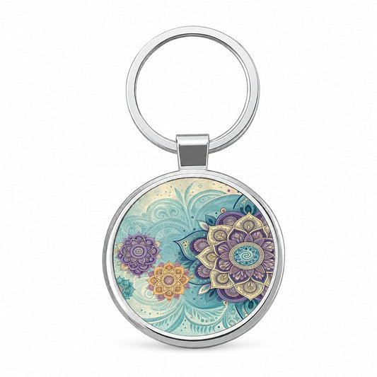 Mandalas Blue Purple Floral Pattern Round Metal Keychain