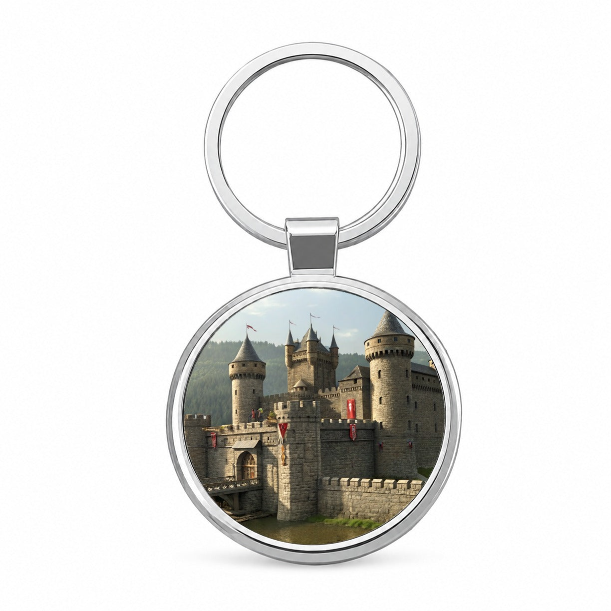 Medieval Castle with Moat Round Metal Keychain