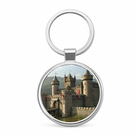 Medieval Castle with Moat Round Metal Keychain