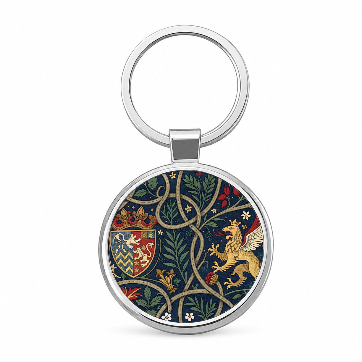 Medieval Ornamentation Griffin Shield Pattern Round Metal Keychain