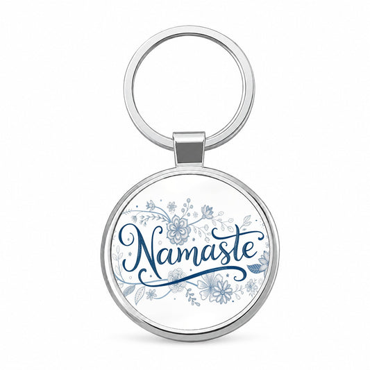 Namaste Blue Floral Round Metal Keychain