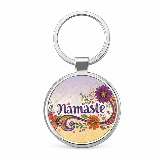 Namaste Flower Fun Retro Round Metal Keychain