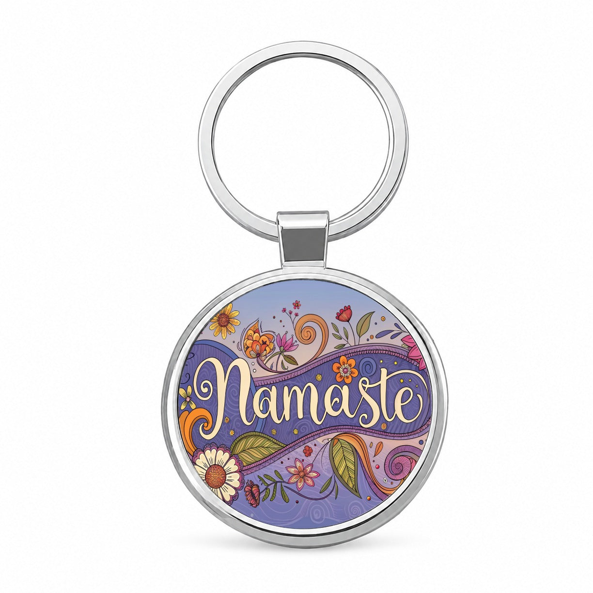 Namaste Hippie Flower Floral Yoga Round Metal Keychain