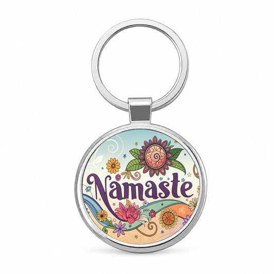 Namaste Hippie Retro Peace Flowers Round Metal Keychain