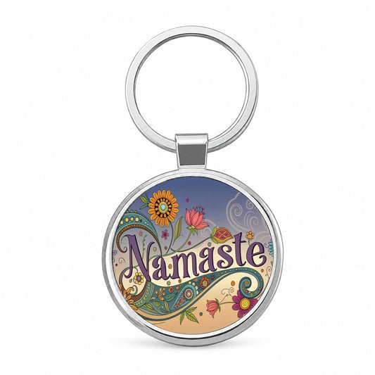 Namaste Yoga Hippie Flower Power Round Metal Keychain