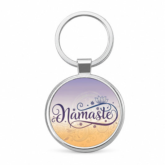 Namaste Yoga Lotus Flower Round Metal Keychain