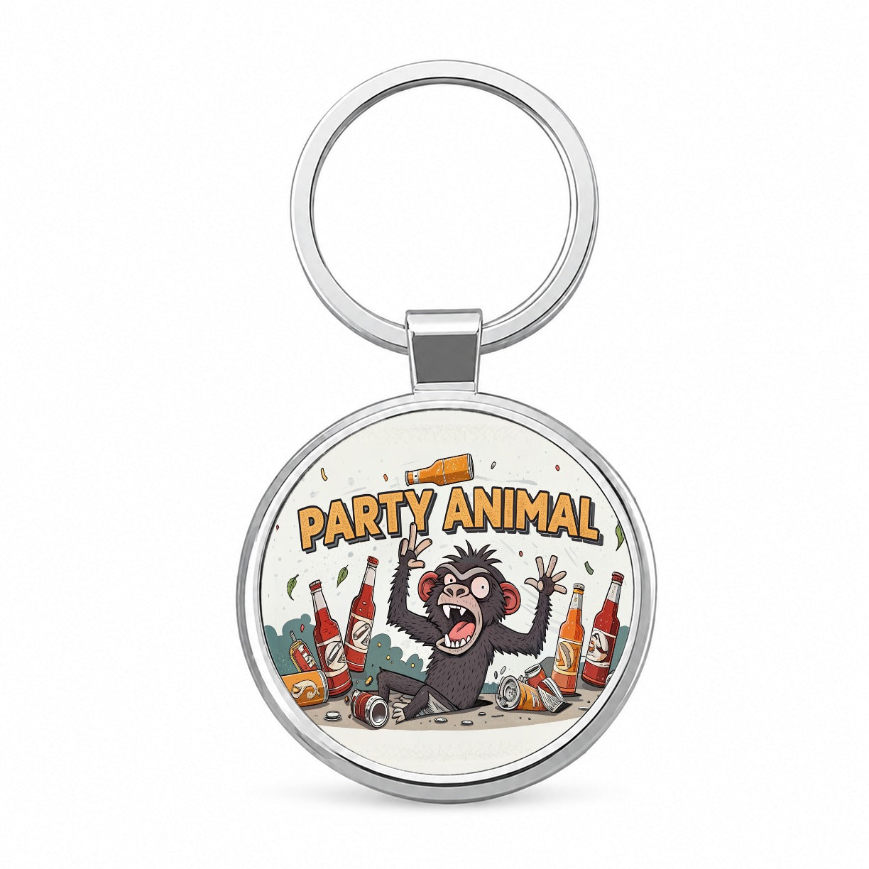 Party Animal Crazy Monkey Round Metal Keychain