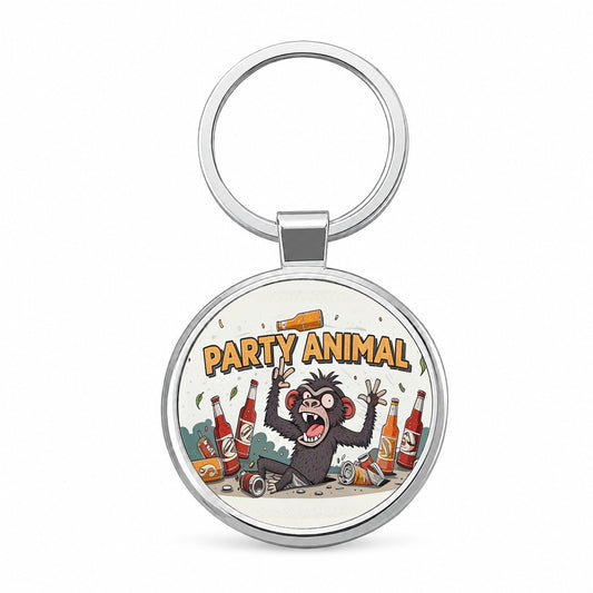 Party Animal Crazy Monkey Round Metal Keychain
