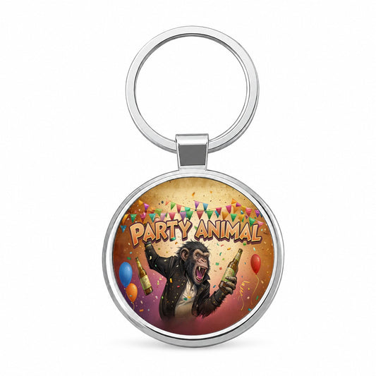 Party Animal Wild Drinking Monkey Round Metal Keychain