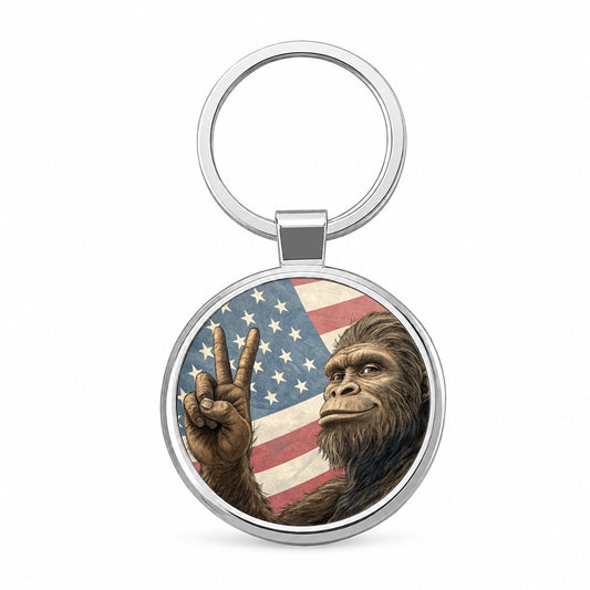 Patriotic Bigfoot Giving The Peace Sign Round Metal Keychain
