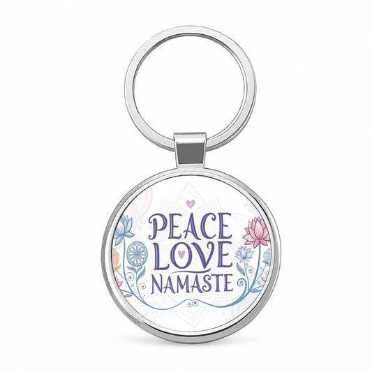Peace Love Namaste Floral Round Metal Keychain