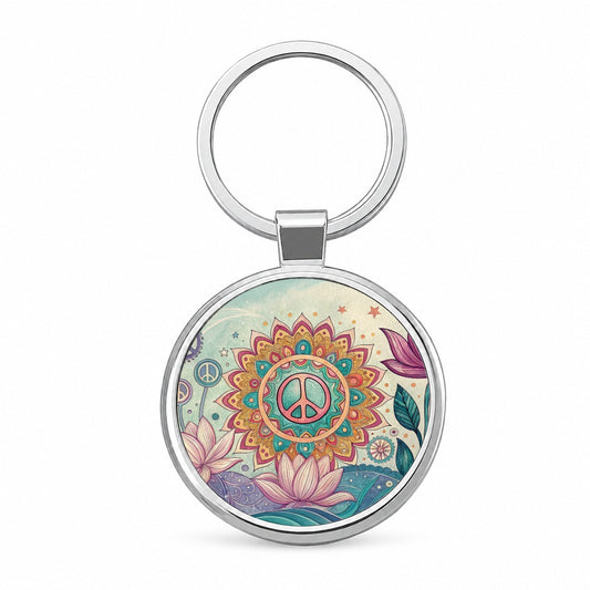 Peace Sign Symbols Mandala Flower Round Metal Keychain