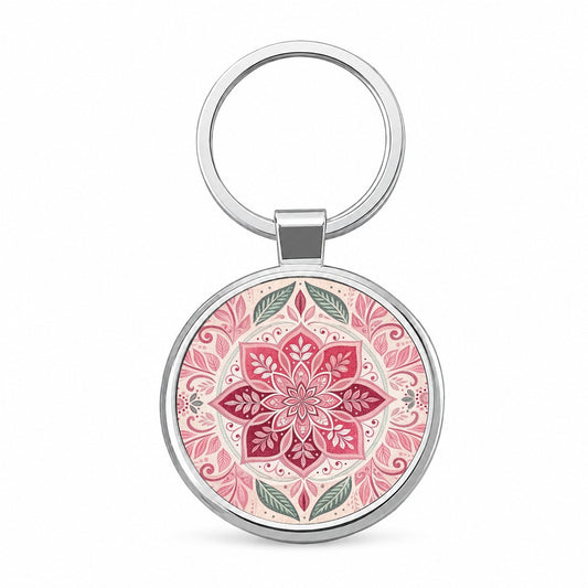 Pink Symmetrical Artistic Floral Pattern Round Metal Keychain