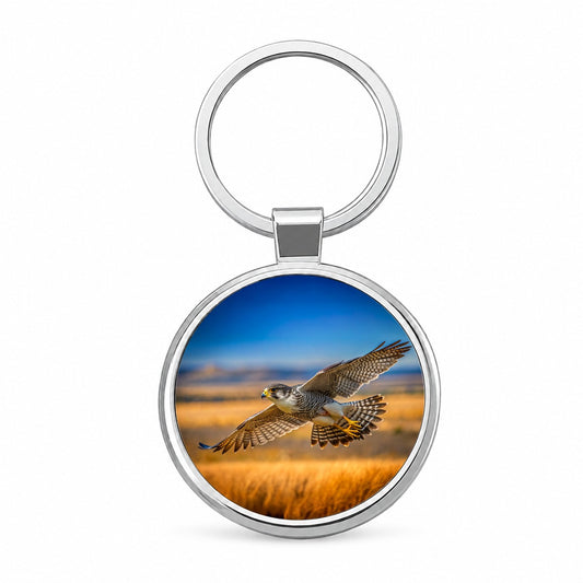 Prairie Falcon Raptor in Flight Round Metal Keychain