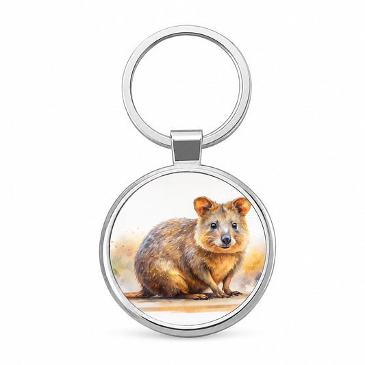 Quokka Watercolor Round Metal Keychain