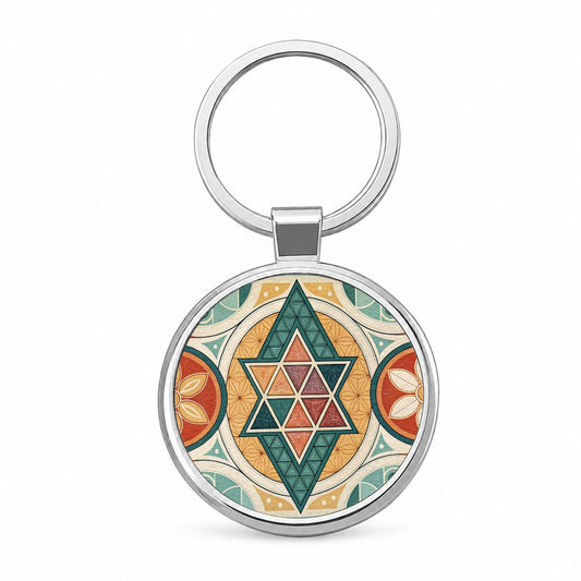 Retro Vintage Geometric Pattern Round Metal Keychain