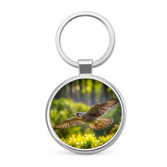 Saker Falcon Raptor in Flight Round Metal Keychain