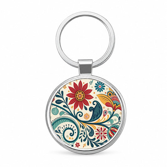 Traditional Folk Art Floral Pattern Round Metal Keychain