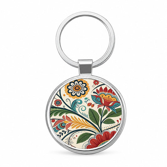 Traditional Folk Art Flowers Leaves Pattern Round Metal Keychain