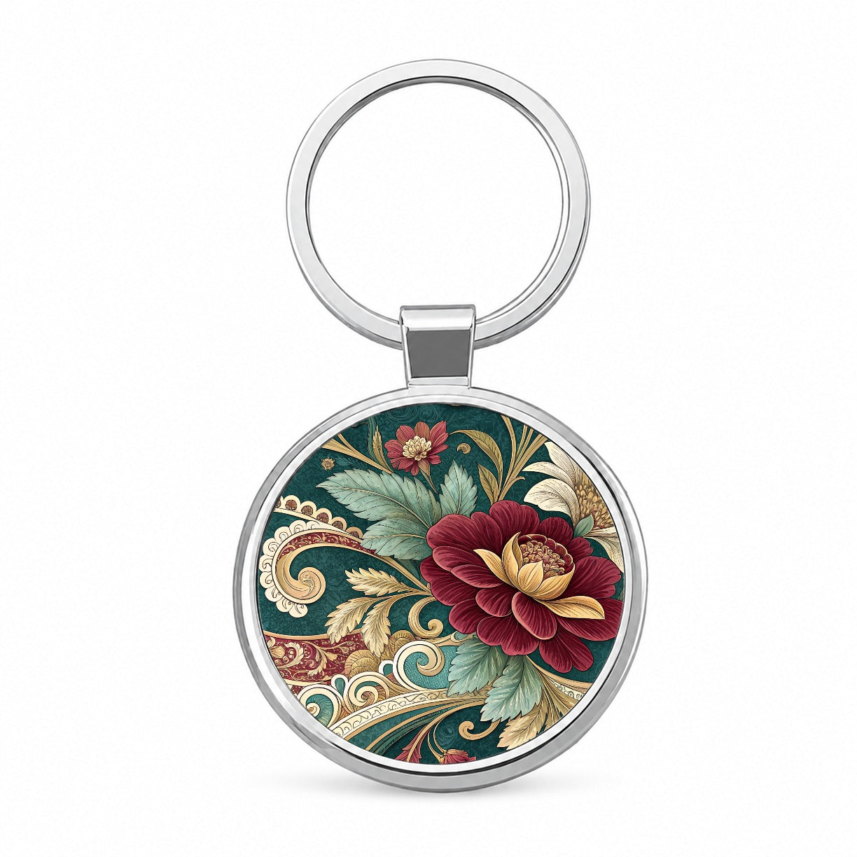 Victorian Decorative Floral Pattern Round Metal Keychain