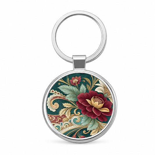 Victorian Decorative Floral Pattern Round Metal Keychain