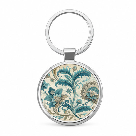 Victorian Decorative Flowers Leaves Pattern Round Metal Keychain