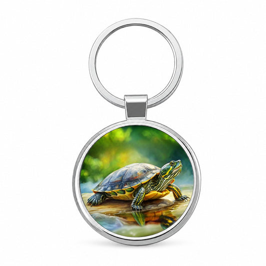 Yellow Bellied Slider Turtle Watercolor Round Metal Keychain