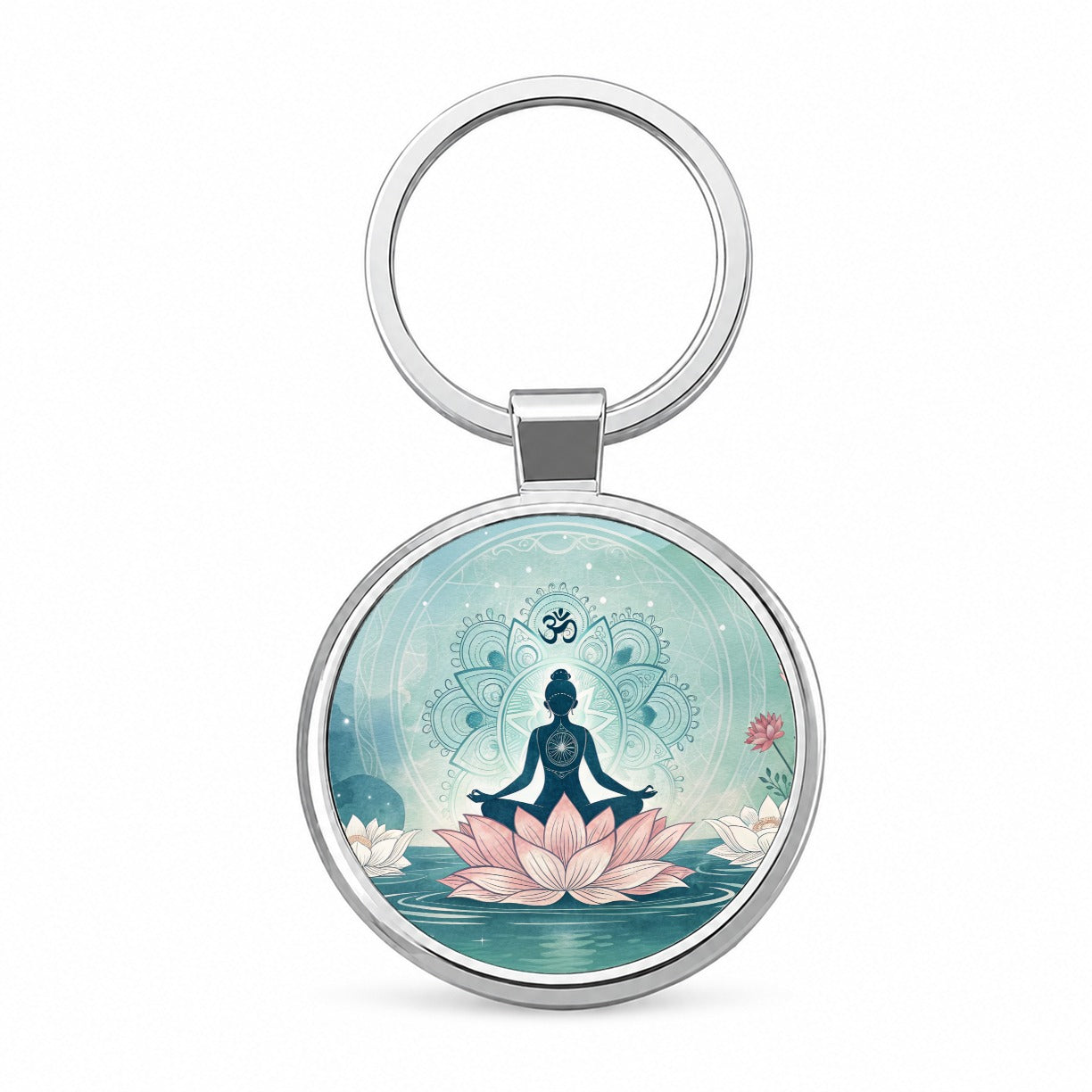 Yoga Meditation Lotus Flower Om Aum Round Metal Keychain