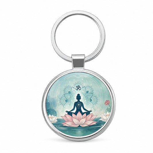 Yoga Meditation Lotus Flower Om Aum Round Metal Keychain