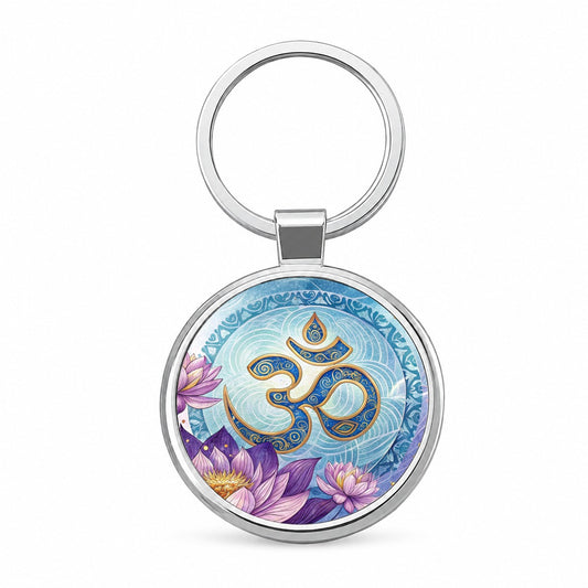 Yoga Om Aum Lotus Flower Round Metal Keychain