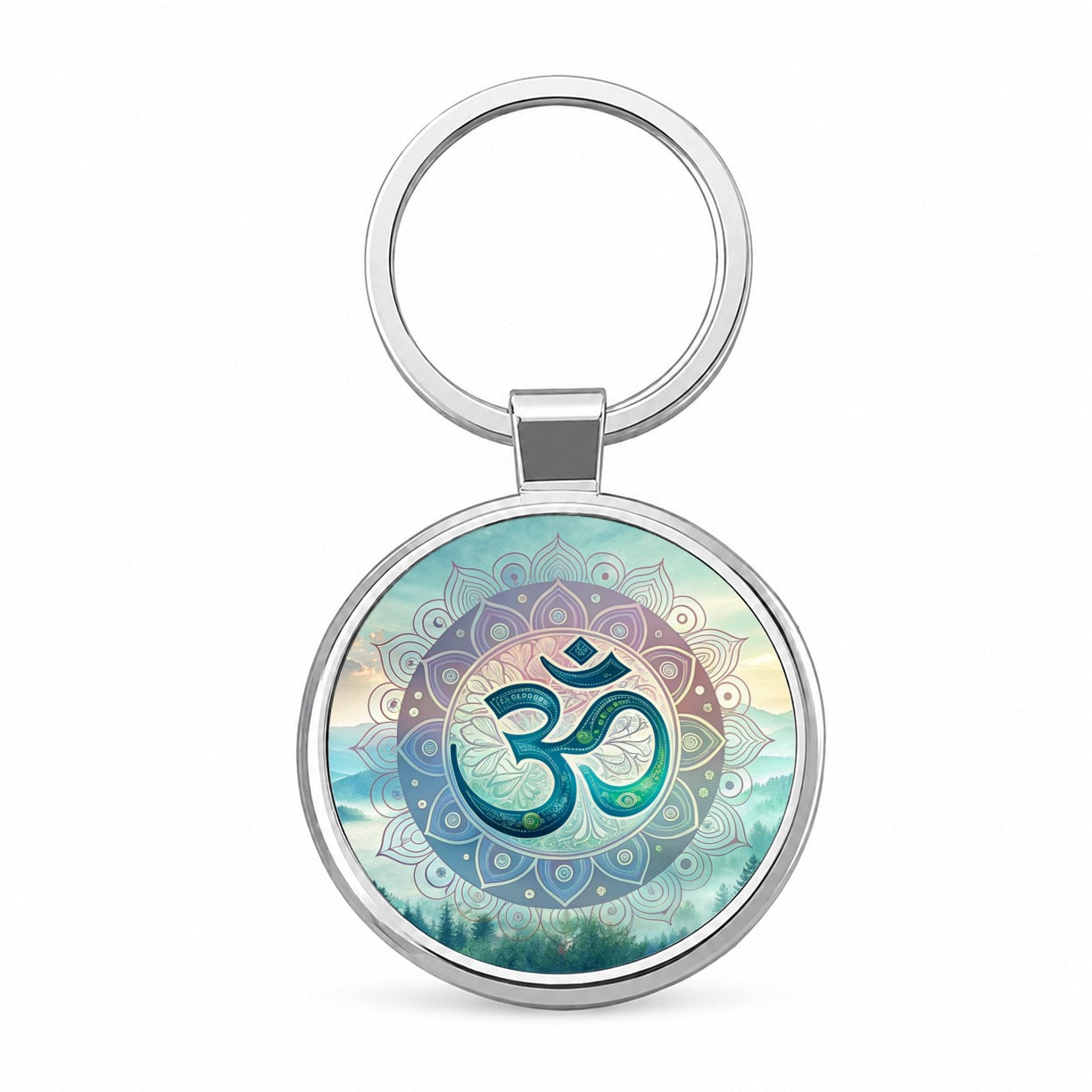 Yoga Om Aum Mandala Nature Symbol Round Metal Keychain
