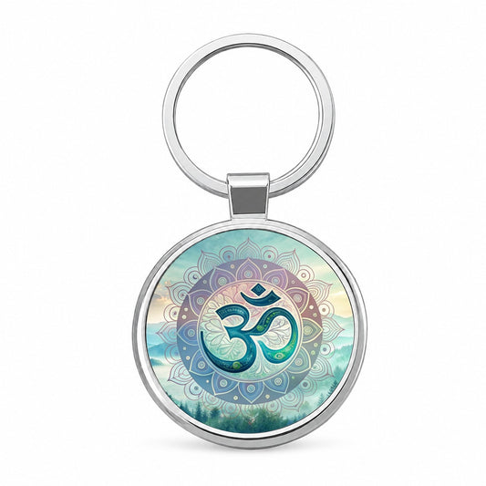 Yoga Om Aum Mandala Nature Symbol Round Metal Keychain
