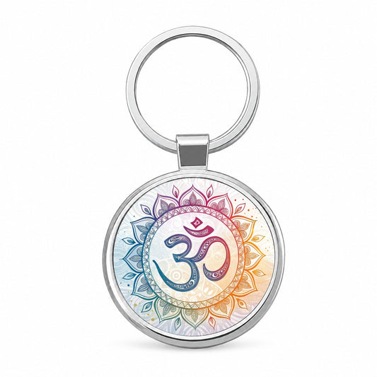 Yoga Om Aum Mandala Symbol Rainbow Round Metal Keychain