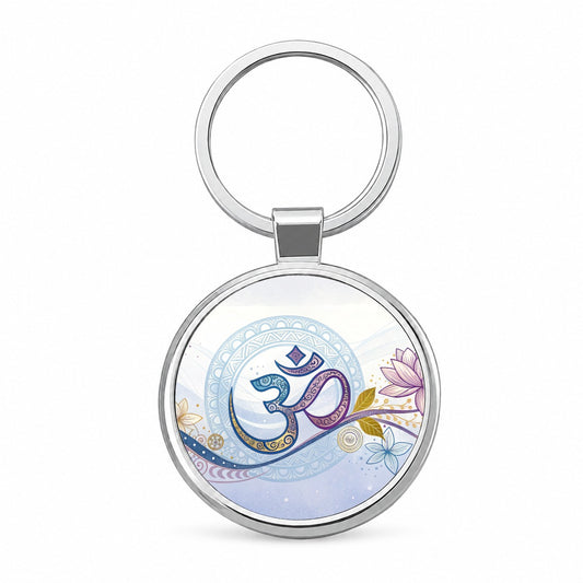 Yoga Om Aum Symbol Lotus Floral Round Metal Keychain