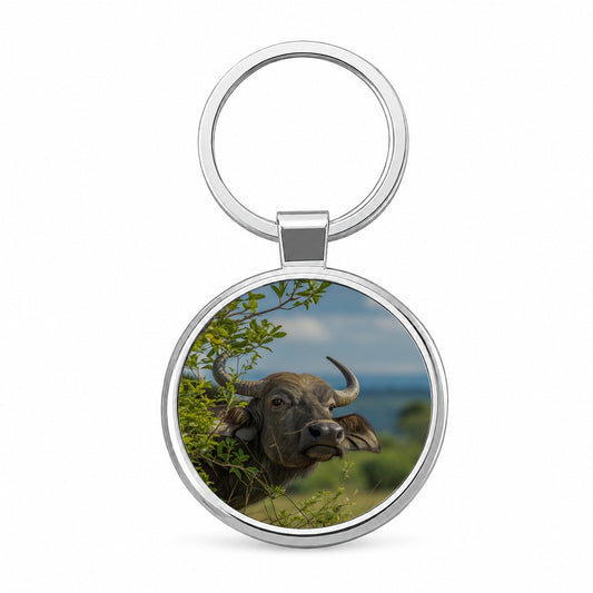 African Buffalo Safari Wildlife Round Metal Keychain