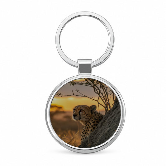 African Cheetah Safari Sunset Round Metal Keychain