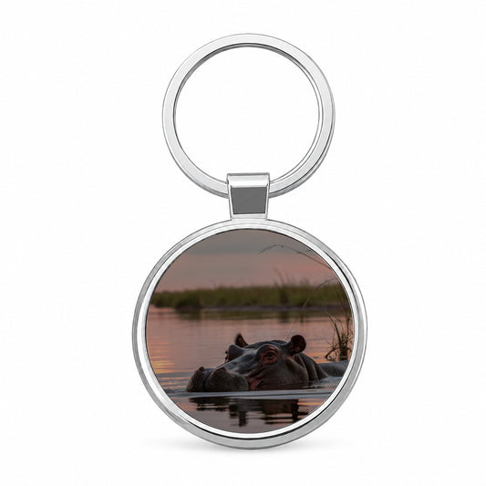 African Hippopotamus Sunset Safari Round Metal Keychain