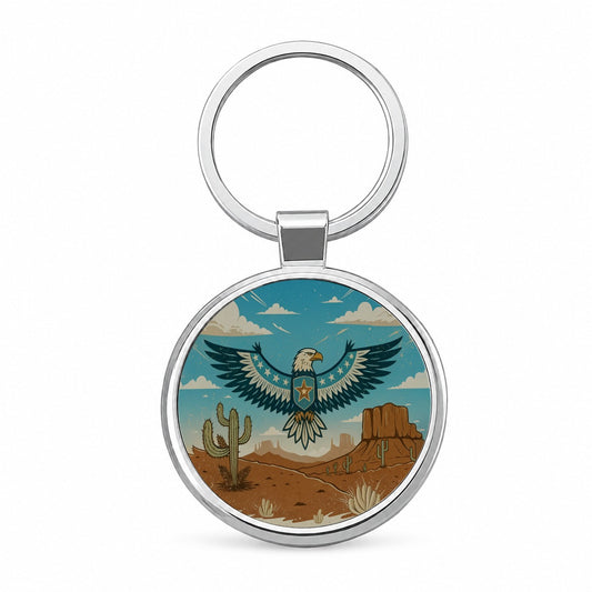 American Eagle Western Southwestern Round Metal Keychain