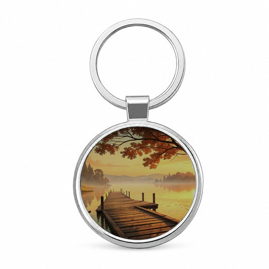 Autumn Lake Dock Sunset Round Metal Keychain