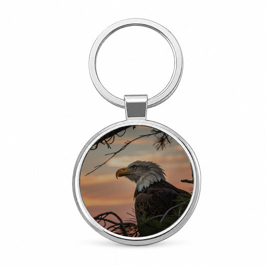 Bald Eagle At Sunset Round Metal Keychain