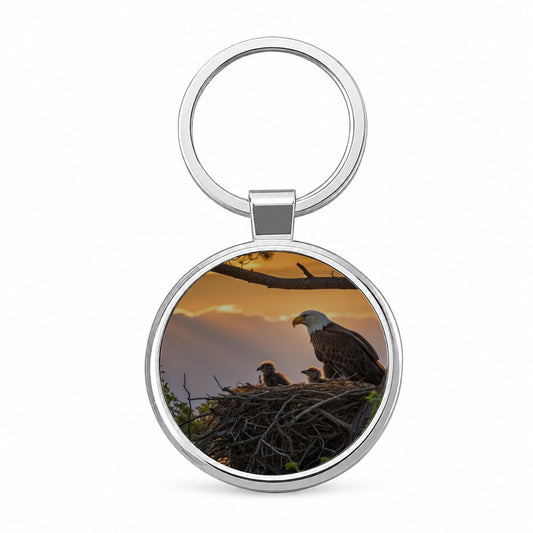 Bald Eagle Babies In Nest Sunset Round Metal Keychain