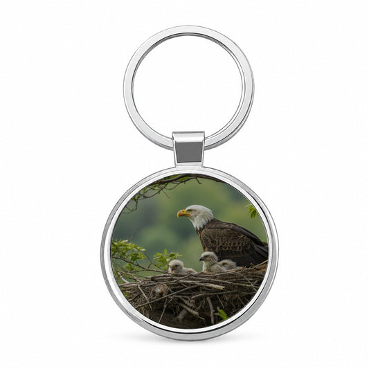 Bald Eagle Babies In Nest Round Metal Keychain