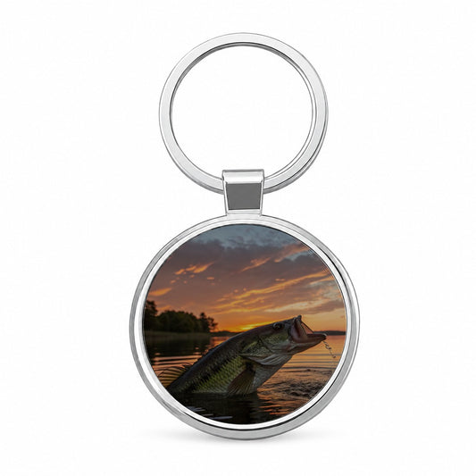 Bass Fish Fishing Sunset Round Metal Keychain