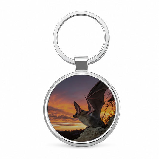 Bat Nature At Sunset Round Metal Keychain