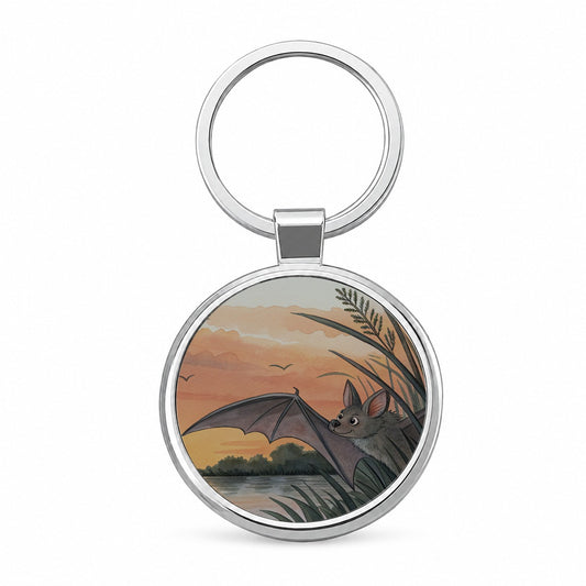 Bat Sunset Nature Scene Round Metal Keychain