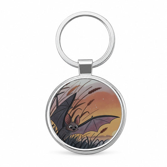 Bat Wildlife At Sunset Round Metal Keychain