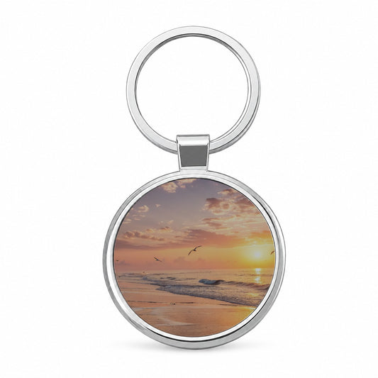 Beach Sunrise Ocean Round Metal Keychain