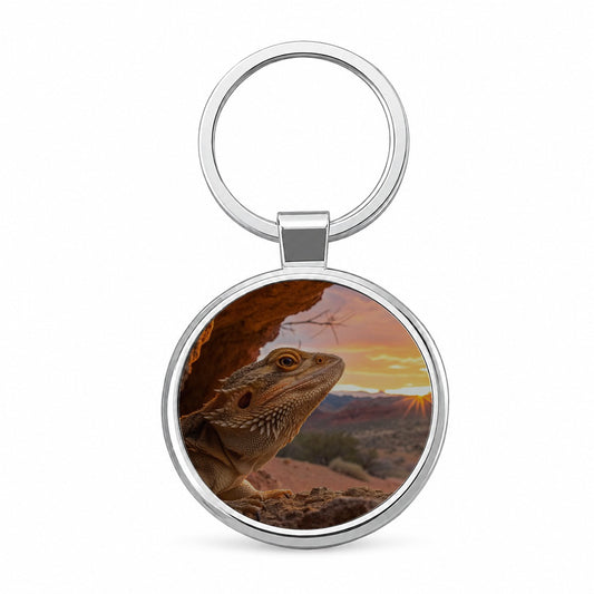 Bearded Dragon At Sunset Round Metal Keychain